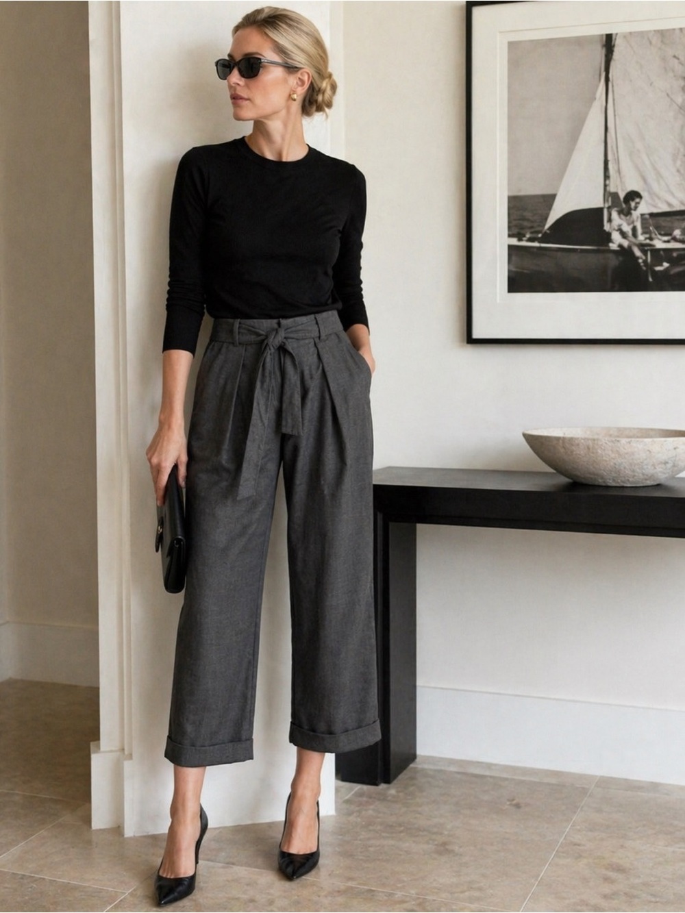 Anthropologie Cartonnier Tie Paperbag Waist Cropped Pants 12 Gray Light Academia